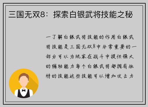 三国无双8：探索白银武将技能之秘